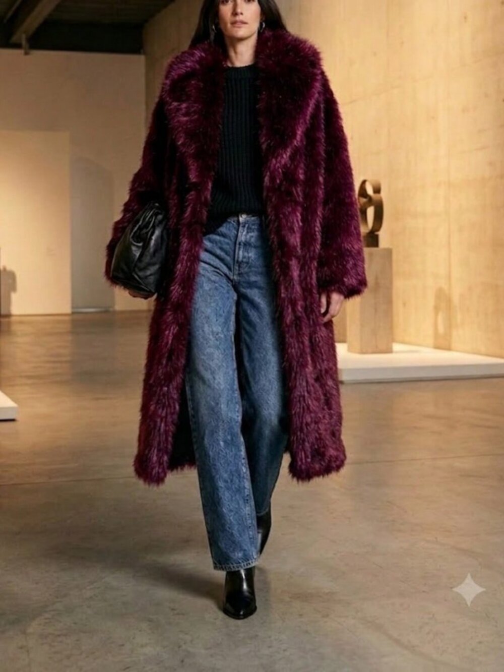 Burgundy Casual Women's Longline Faux Fur Regular Fit Collar Jacket